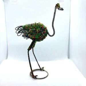 Handcrafted African Beaded Wire Bird Sculpture - Green and Brown